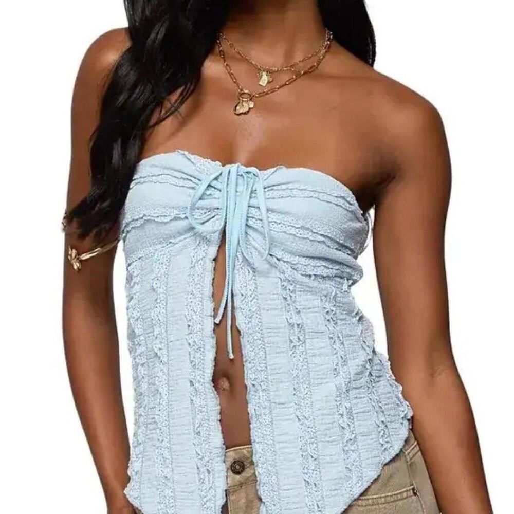 Ragdoll Y2K Assymetrical Textured Babydoll Split Front Tube Top Blue Medium